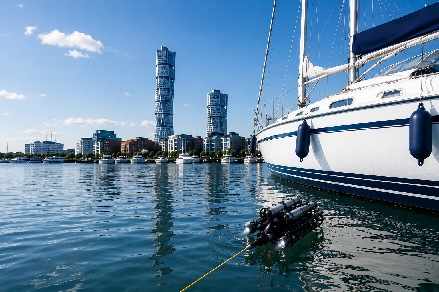 Yellow underwater inspection robot positioned close to a white yacht hull in a modern Scandinavian marina