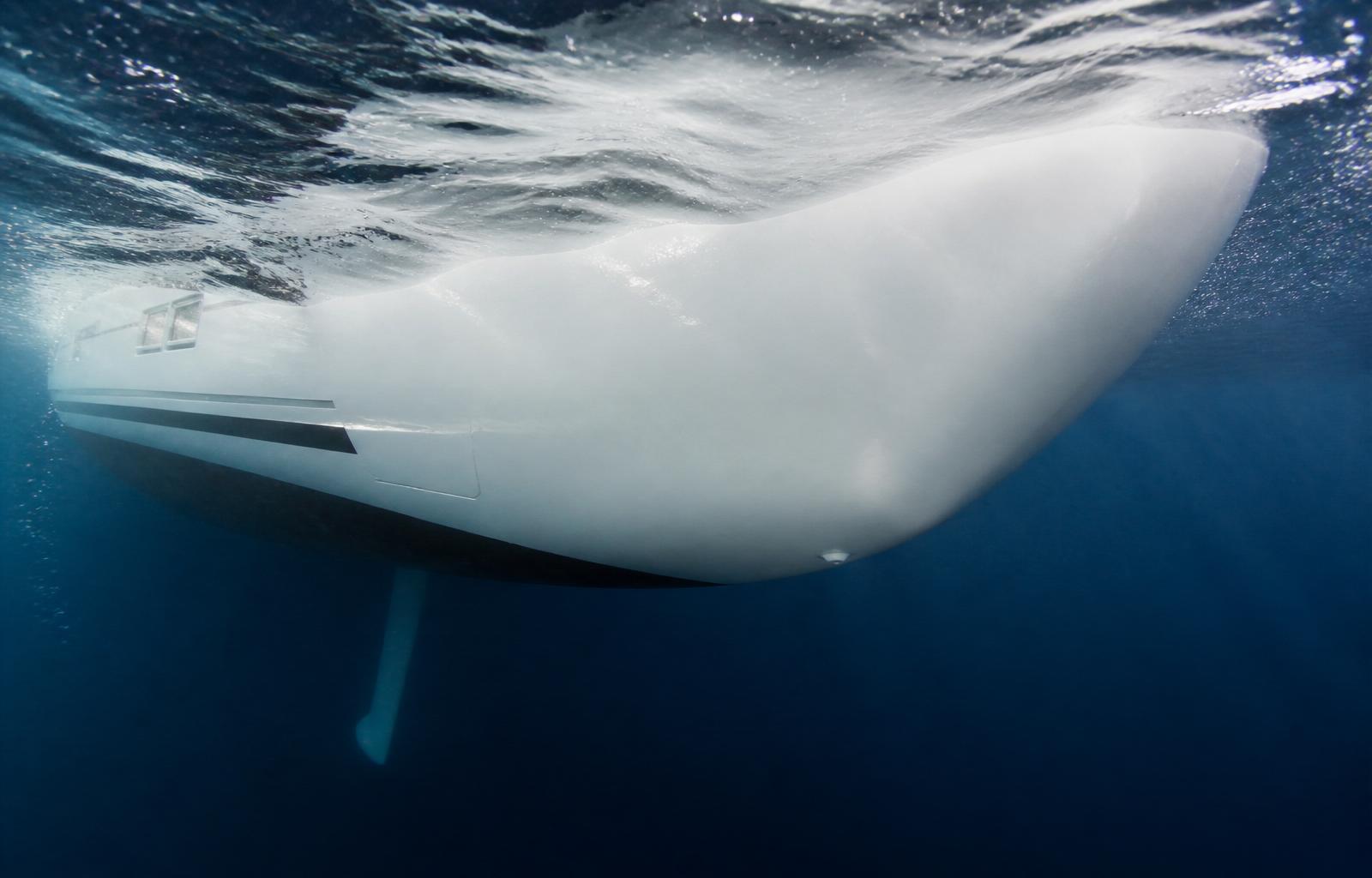 Underwater view of a yacht hull below the waterline